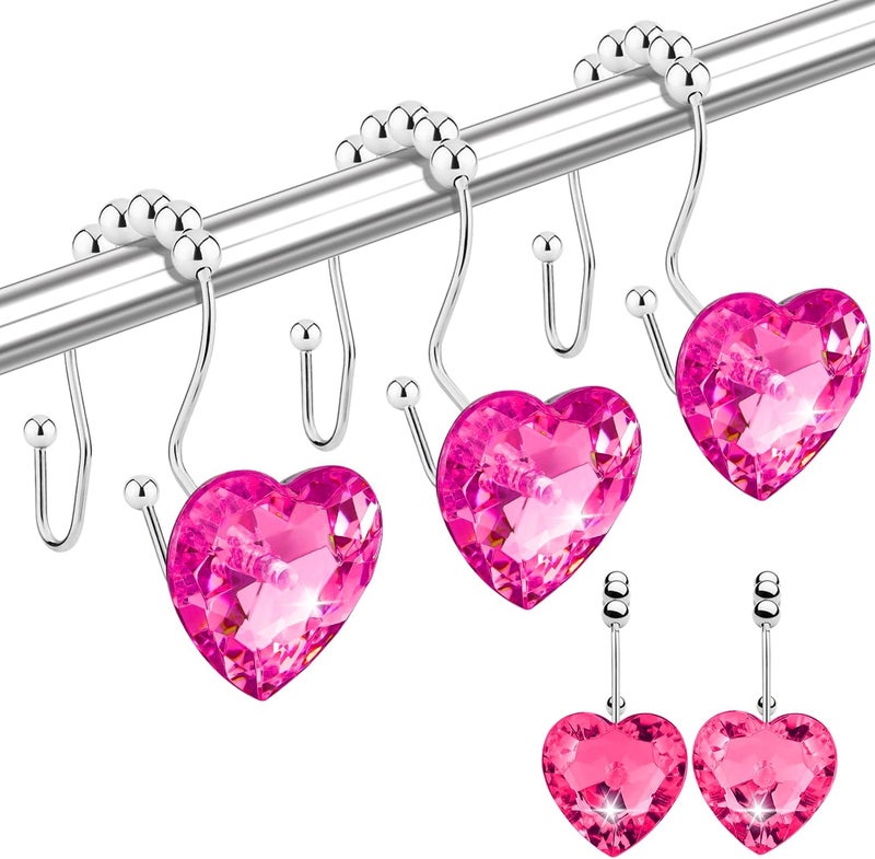 Yapicoco Shower Curtain Hooks Rings for Bathroom, 12PCS Heart Stainless Steel Rust Resistant Decorative Rhinestones Shower Curtain Rings Hangers for Shower Curtains (Double Hook Hot Pink) - Image 1
